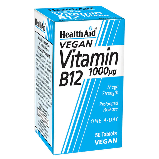 HealthAid Vitamin B12 1000µg Tablets - Essential for energy, brain health, and immunity.