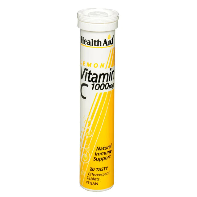 HealthAid Vitamin C 1000mg Effervescent Tablets - Lemon flavor immune and antioxidant support.