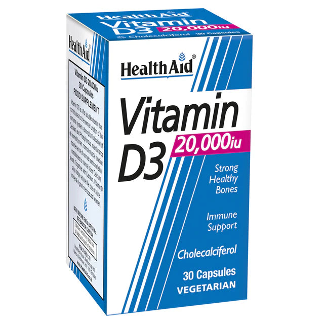 HealthAid Vitamin D3 20,000 IU - Bone health and immune function support.