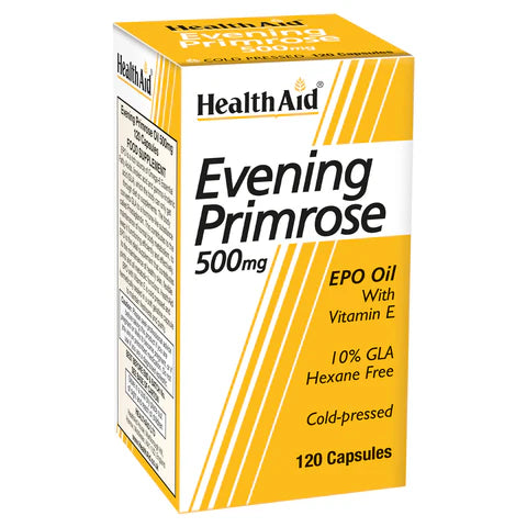 HealthAid Evening Primrose Oil 500mg + Vitamin E Capsules - Skin health and hormonal balance support.