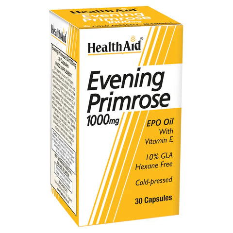 HealthAid Evening Primrose Oil 1000mg + Vitamin E Capsules - Skin health and hormonal balance support.