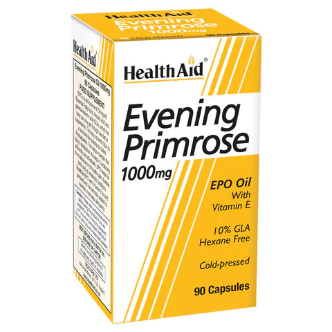 HealthAid Evening Primrose Oil 1000mg + Vitamin E Capsules - Skin health and hormonal balance support.
