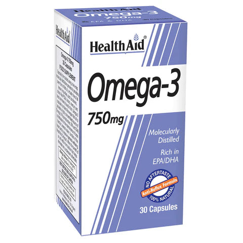 HealthAid Omega 3 750mg 30 Capsules - Cardiovascular and brain health support.