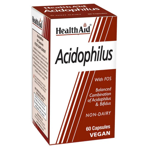 HealthAid Acidophilus 100 Million Vegicaps - Digestive health support with probiotics and prebiotics.