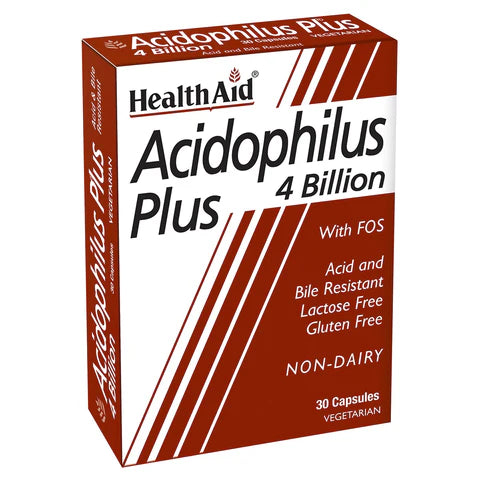 HealthAid Acidophilus Plus 4 Billion Vegicaps - Digestive and immune health support with probiotics and prebiotics.