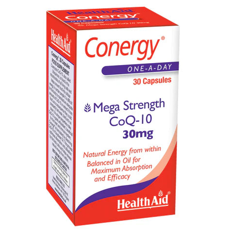 HealthAid Conergy CoQ-10 30mg + Vitamin E Capsules - Supports energy, heart, and immune health.
