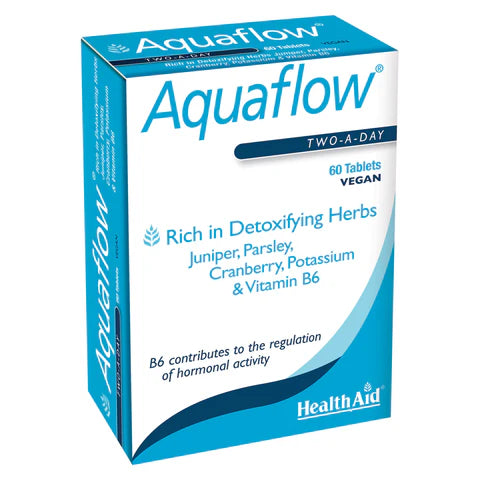 HealthAid Aquaflow Tablets - Fluid balance and detox support with potassium, vitamin B6, and herbs.
