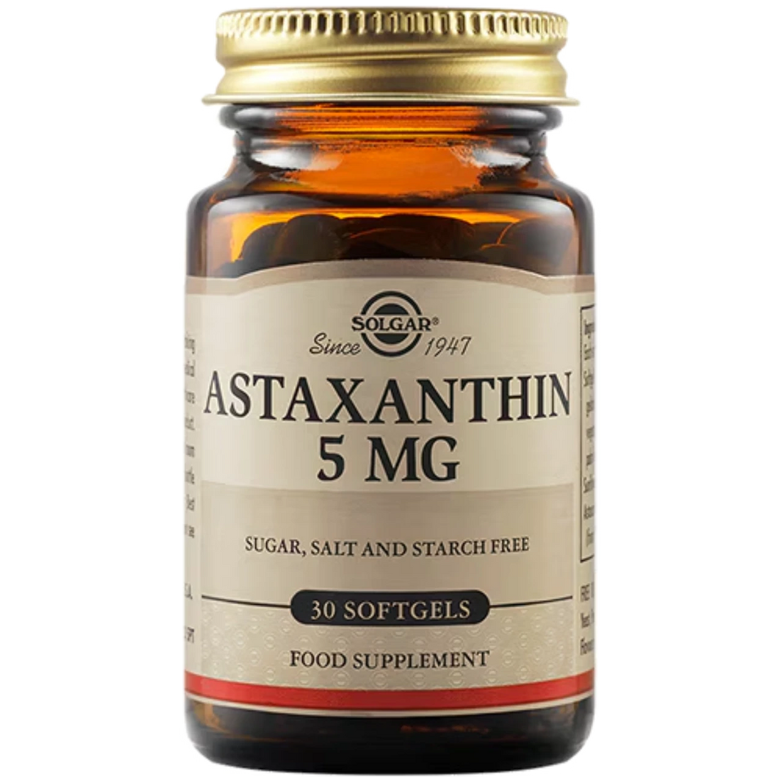 Bottle of Solgar Astaxanthin antioxidant supplement.