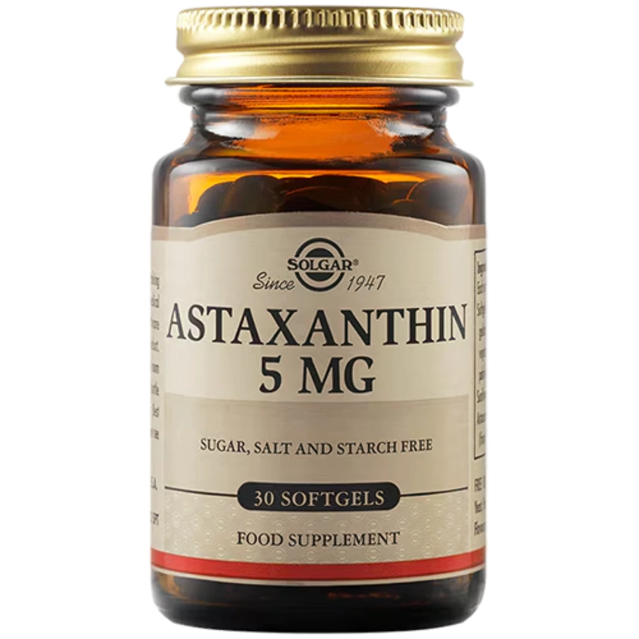 Bottle of Solgar Astaxanthin antioxidant supplement.