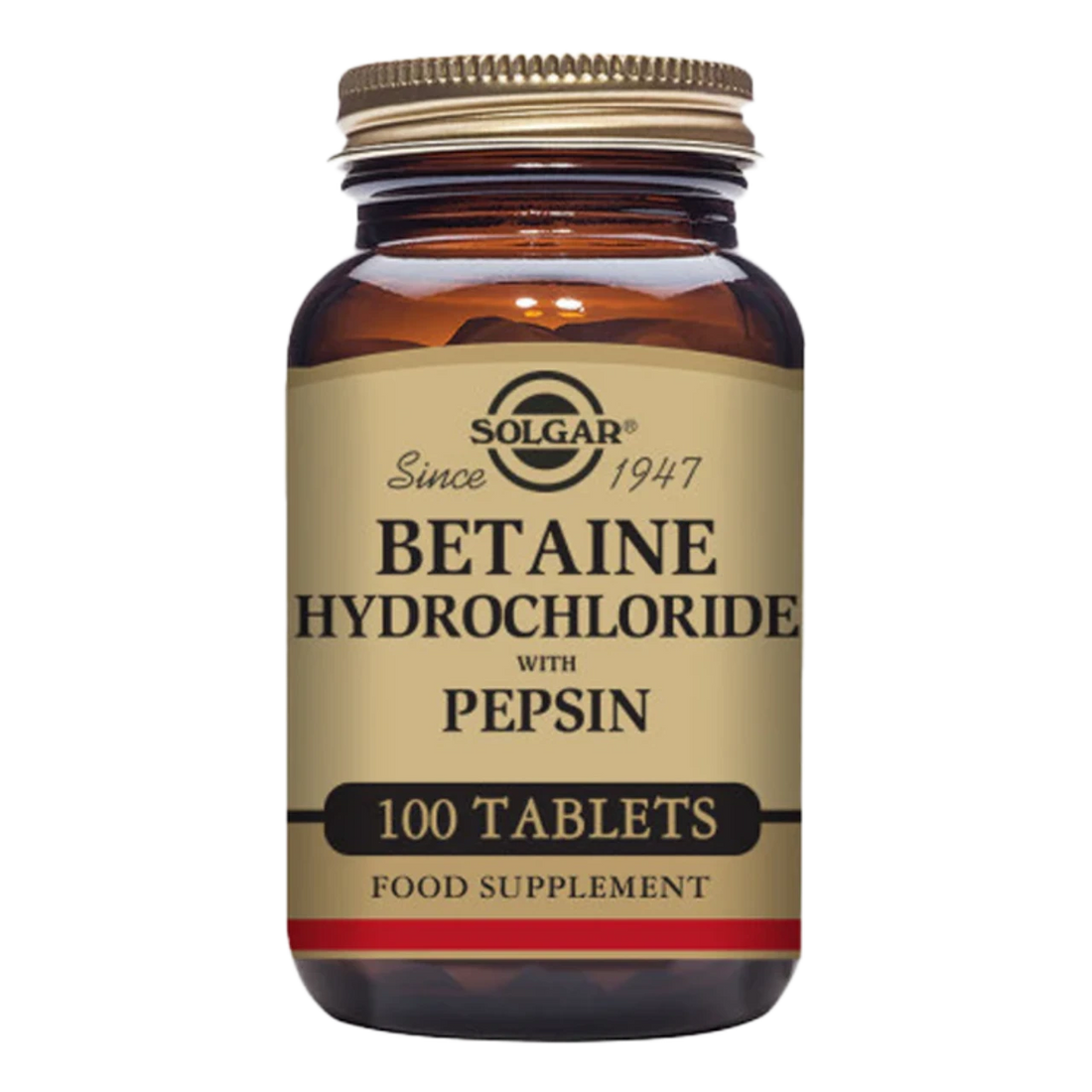 Bottle of Betaine Hydrochloride for digestive health.