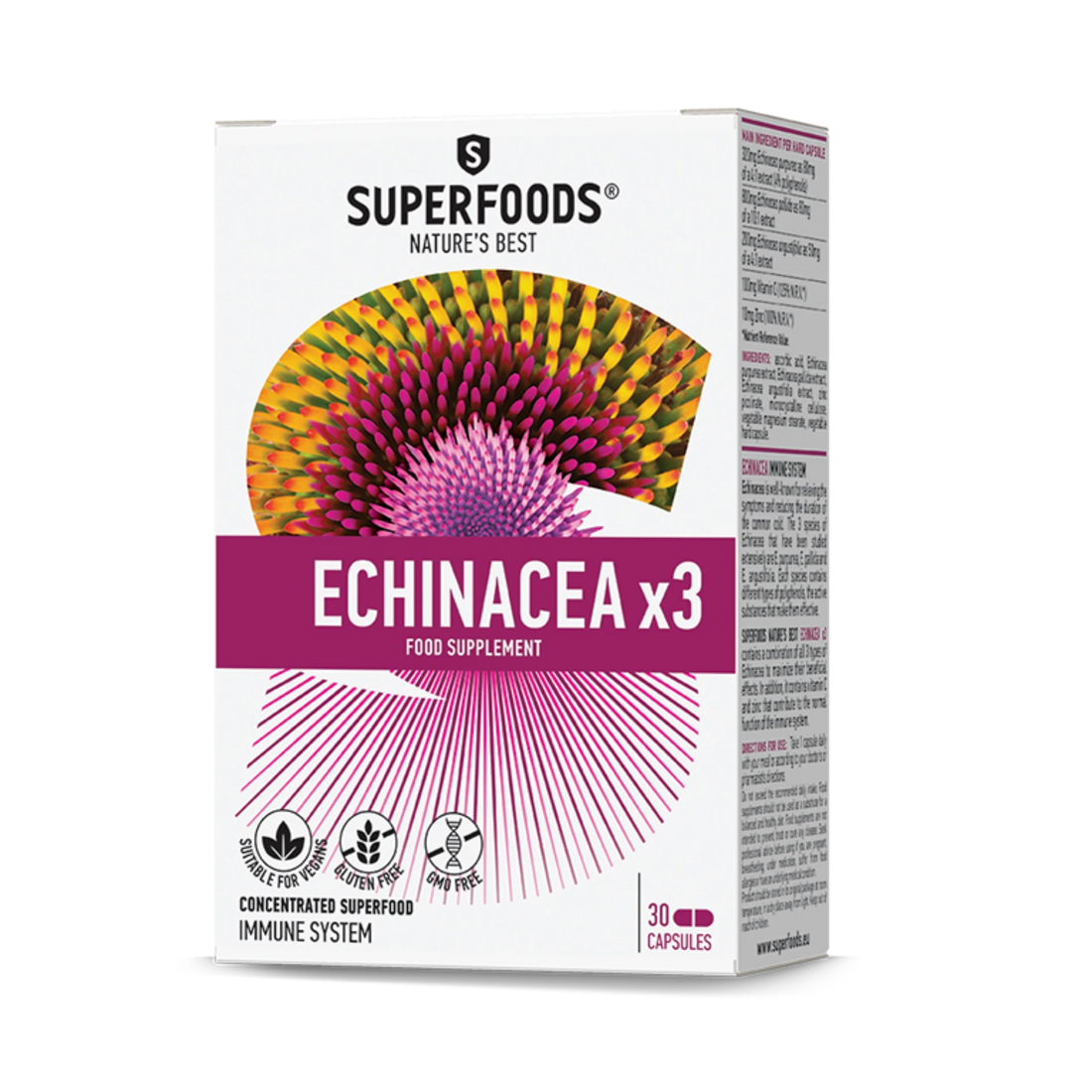 Superfoods Echinacea X3 with E. Purpurea, E. Pallida, E. Angustifolia, Vitamin C, and Zinc for immune support