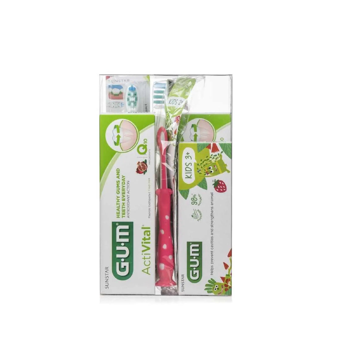 GUM Activital Family Set with adult and kids toothbrushes and toothpaste for all-around oral care.