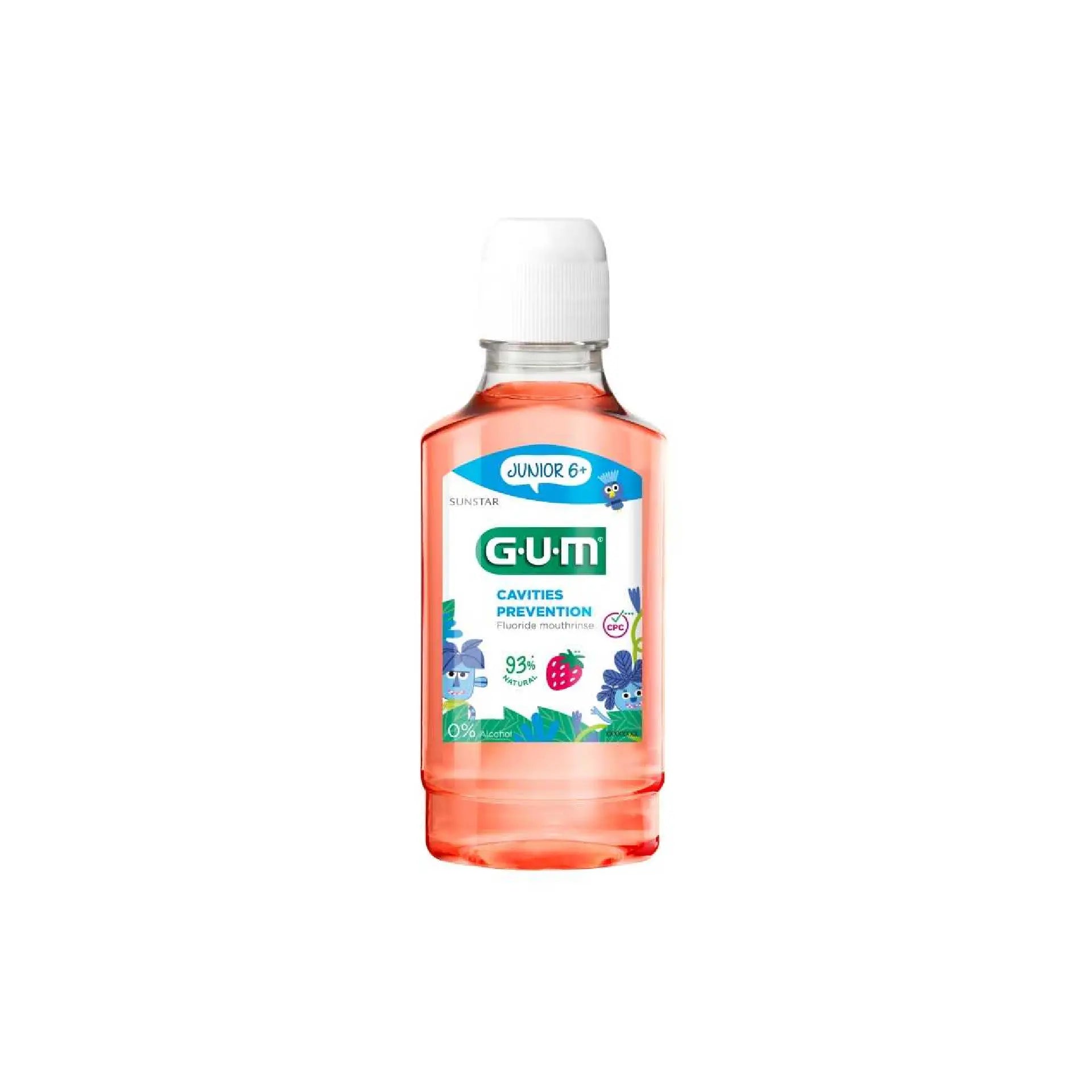 GUM Junior Mouthwash 300ml for children aged 6+, providing cavity protection with a gentle fluoride formula.