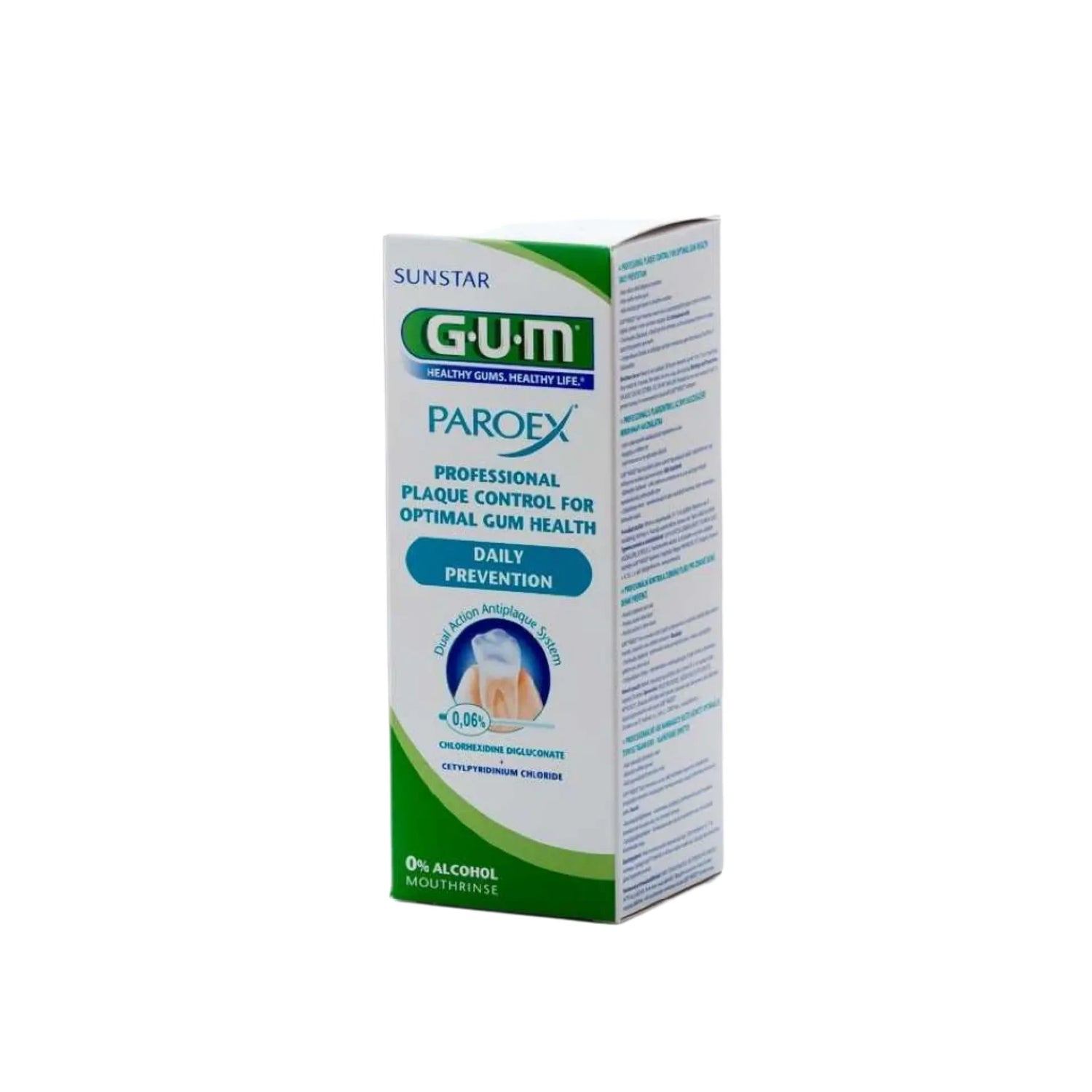 GUM Paroex CHX 0.06% Mouthwash bottle, 500ml for gum protection and oral hygiene.