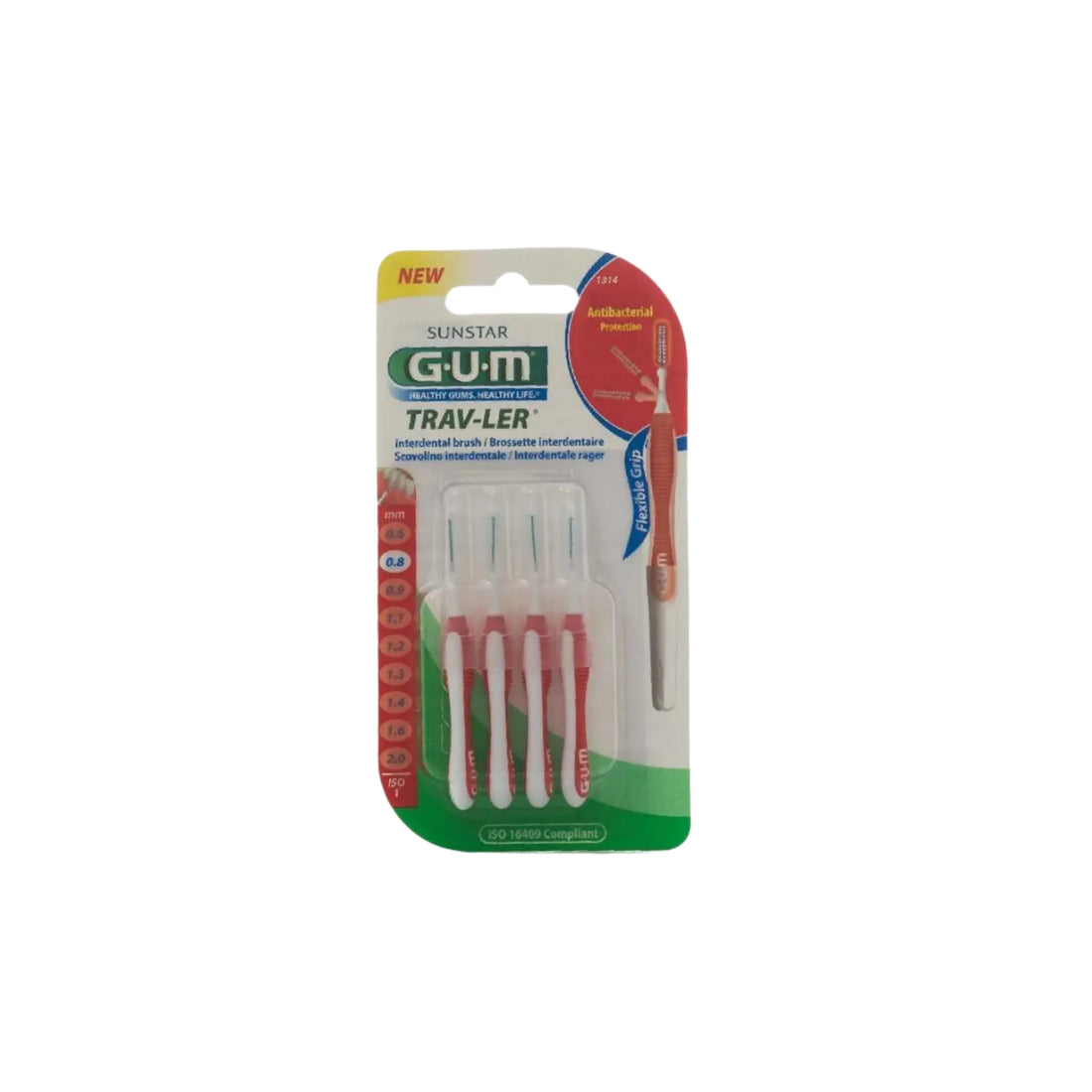 GUM Proxabr Trav-Ler 0.8mm red interdental brush for plaque removal and gum care.