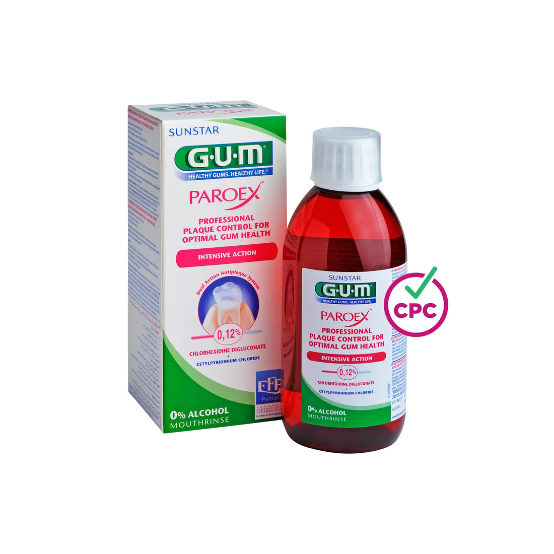 GUM Paroex 0.12% Intensive Action Mouthwash for gum disease prevention and plaque control.