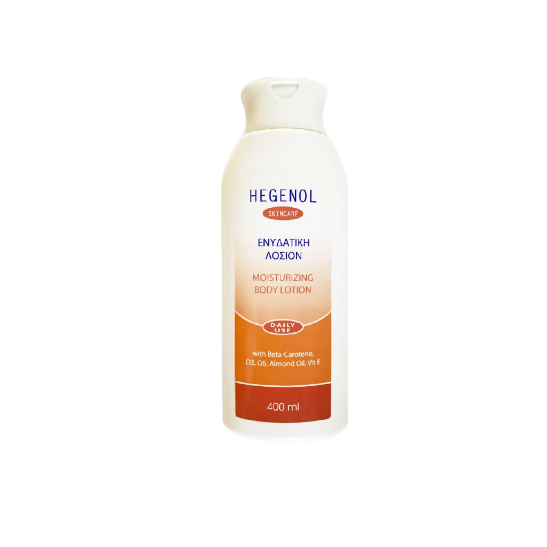 Hegenol Moisturizing Body Lotion 400ml enriched with Beta-Carotene, Omega-3, Omega-6, Almond Oil, and Vitamin E for daily hydration and skin care.