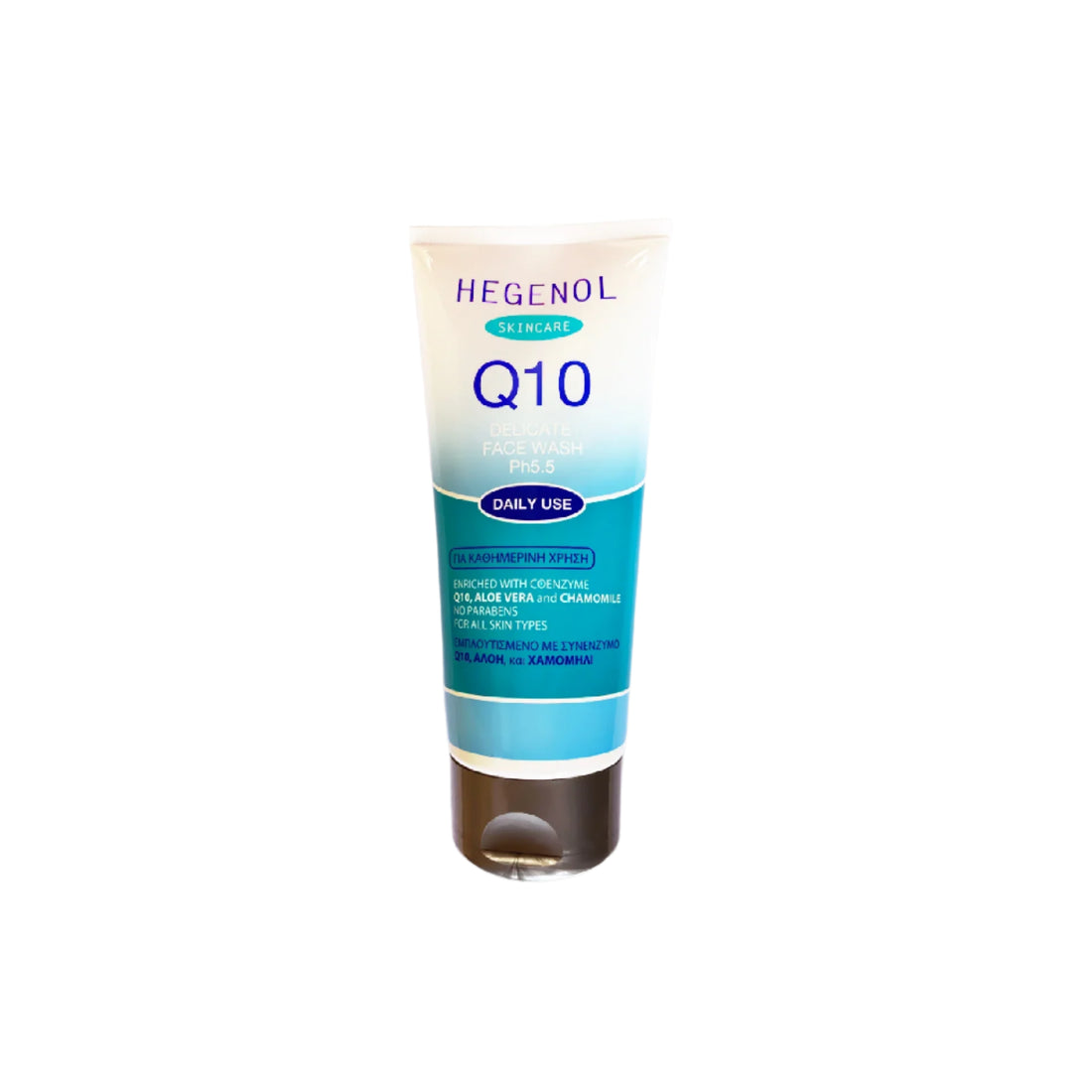 Hegenol Q10 Face Wash enriched with Coenzyme Q10, Aloe Vera, and Chamomile for gentle daily cleansing and hydration.