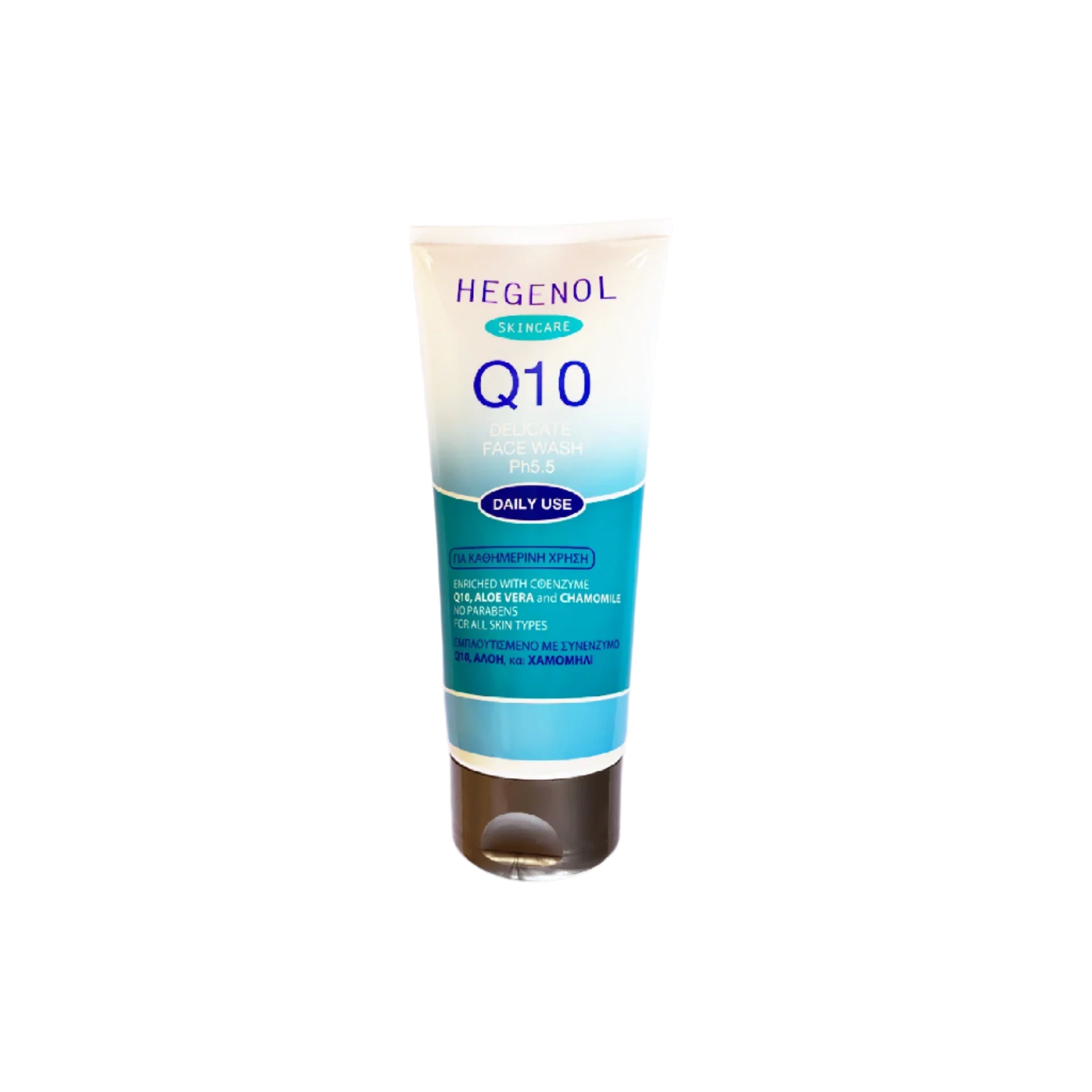 Hegenol Q10 Face Wash enriched with Coenzyme Q10, Aloe Vera, and Chamomile for gentle daily cleansing and hydration.