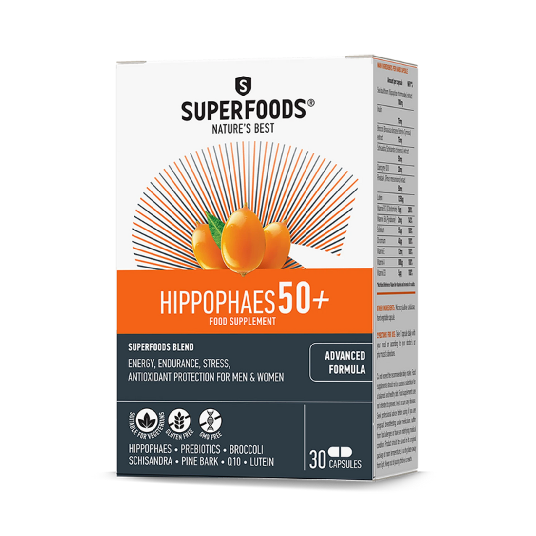 Superfoods Hippophaes 50+ with Hippophaes, prebiotics, and essential vitamins for those over 50