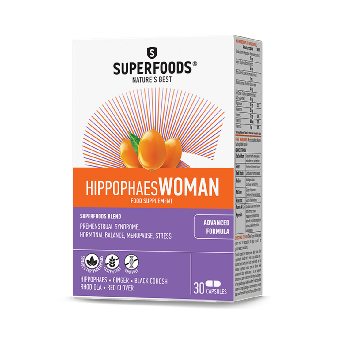 Superfoods Hippophaes Woman with sea buckthorn, ginger, black cohosh, and vitamins for women&