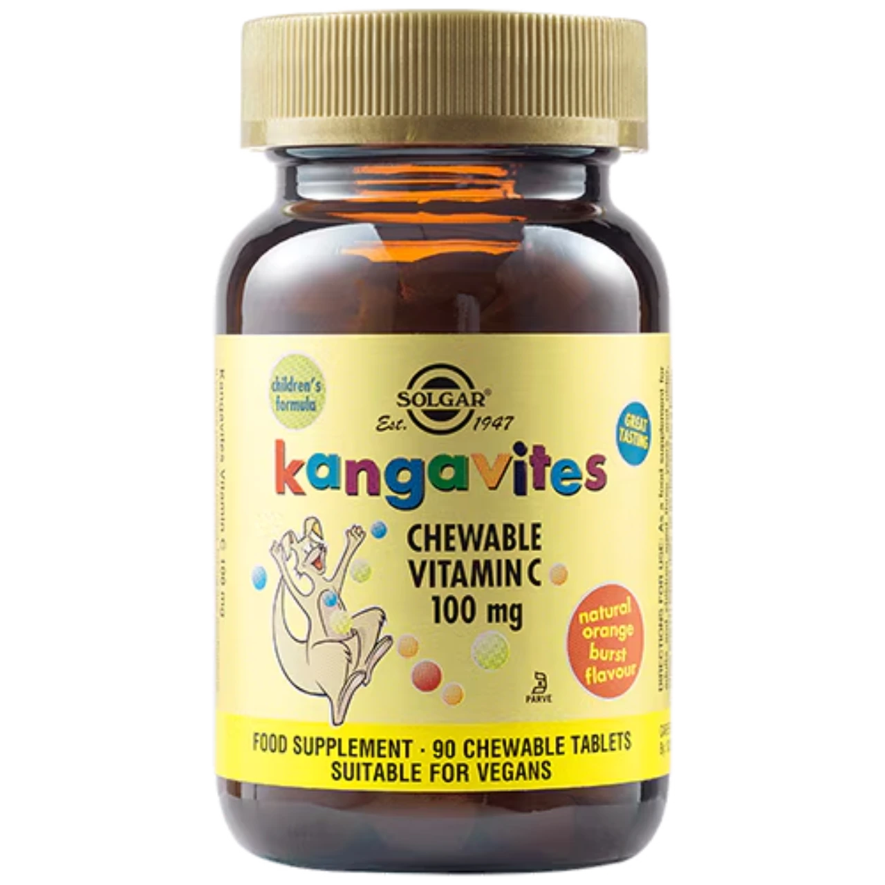 Solgar Kangavites Natural Orange Burst Vitamin C 100 mg - Immune support for children in a delicious orange flavor.