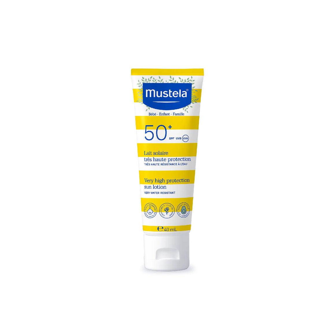 Mustela Very High Protection Sun Lotion SPF 50+ for sensitive baby and child skin.