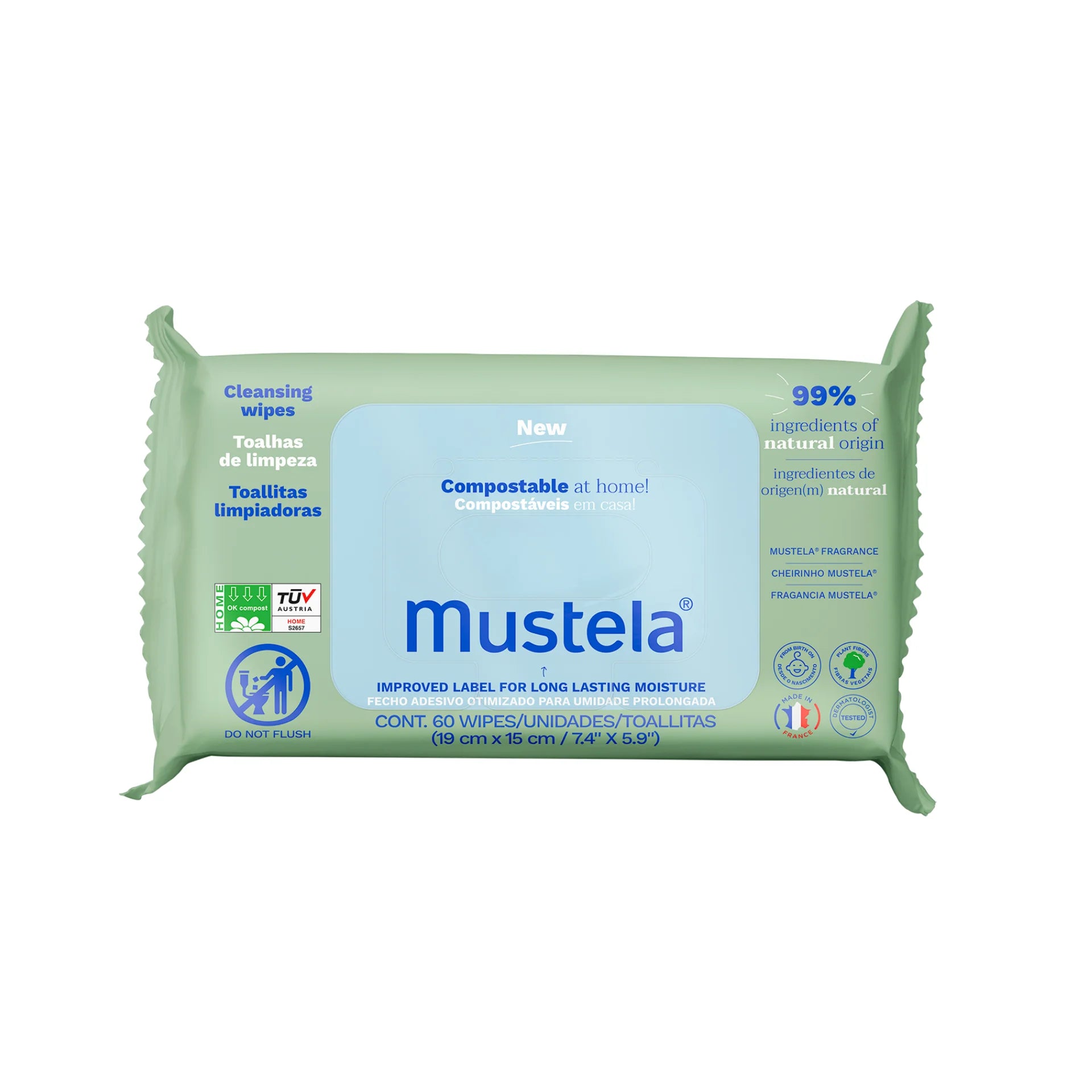 Mustela Compostable Cleansing Wipes for gentle baby skin cleansing.