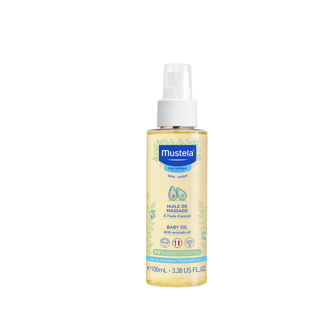 Mustela Baby Oil with Avocado Oil for moisturizing and nourishing baby skin.