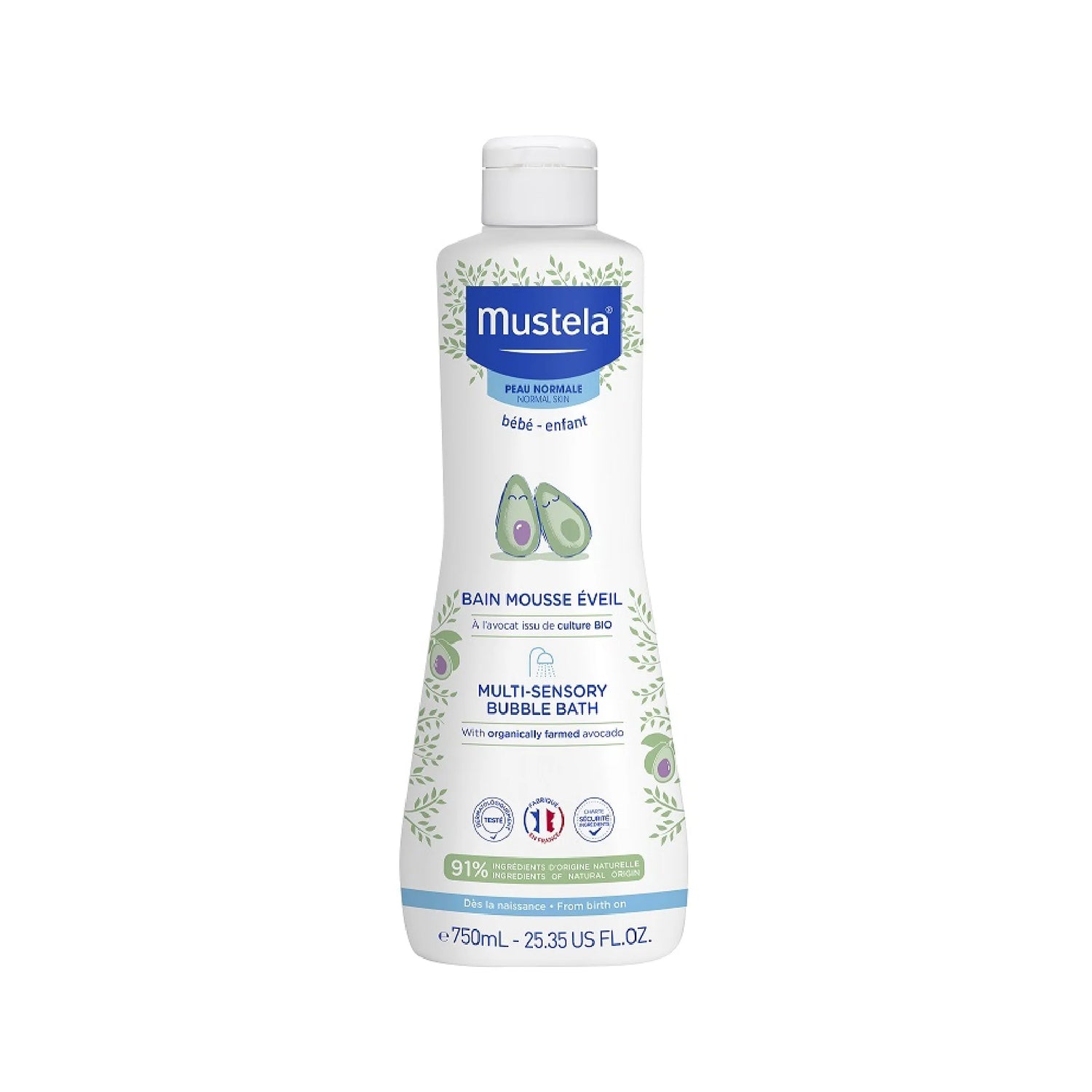 Mustela Multi-Sensory Bubble Bath with Organic Avocado for a delightful bath time experience.