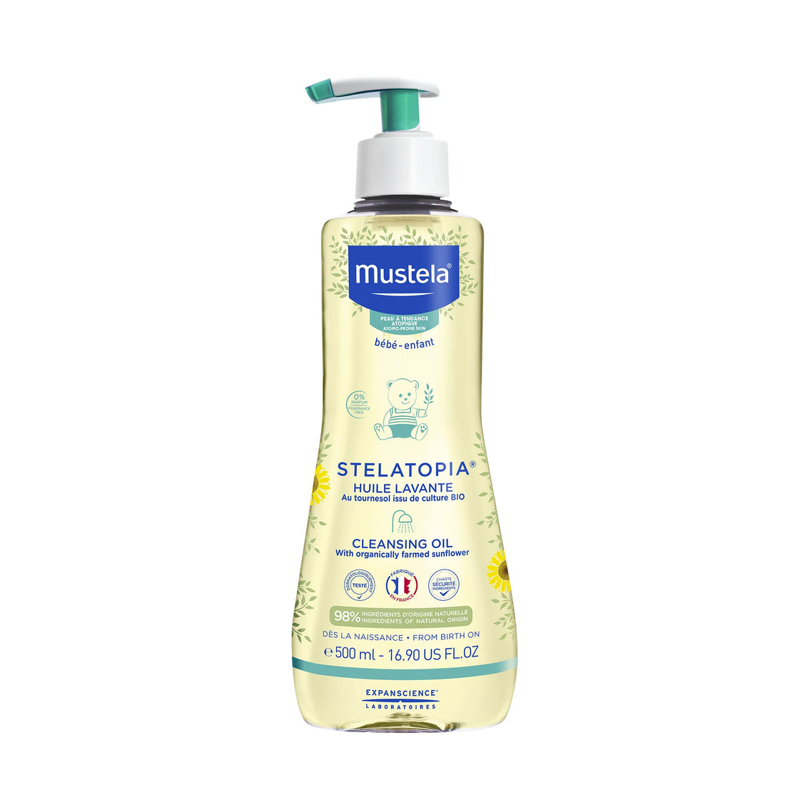 Mustela Stelatopia Cleansing Oil for eczema-prone baby skin.