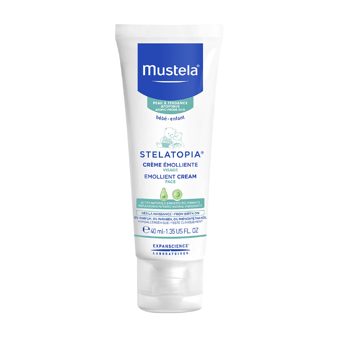 Mustela Stelatopia Emollient Face Cream 40ml for soothing and moisturizing eczema-prone skin.