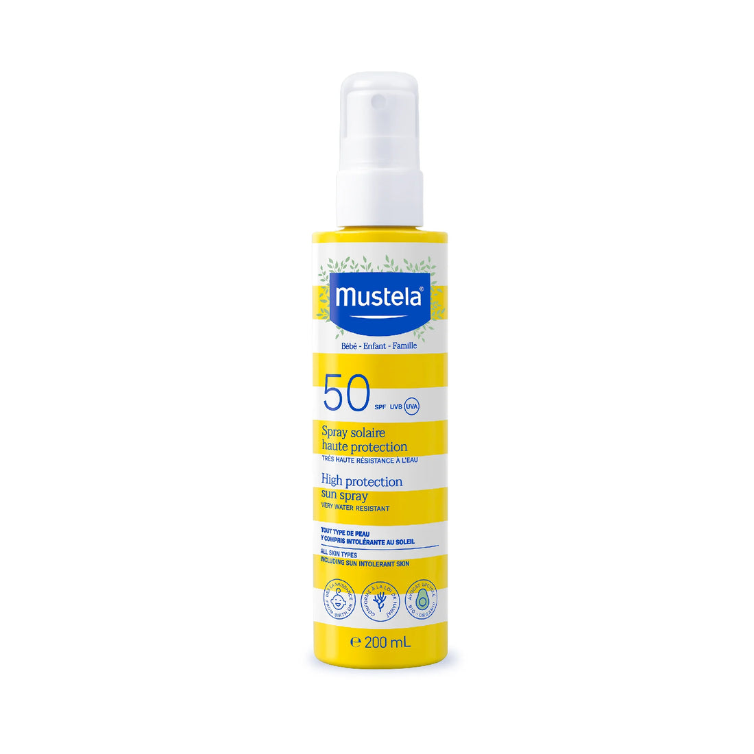 Mustela High Protection Sun Spray SPF 50+ for baby and child skin protection.