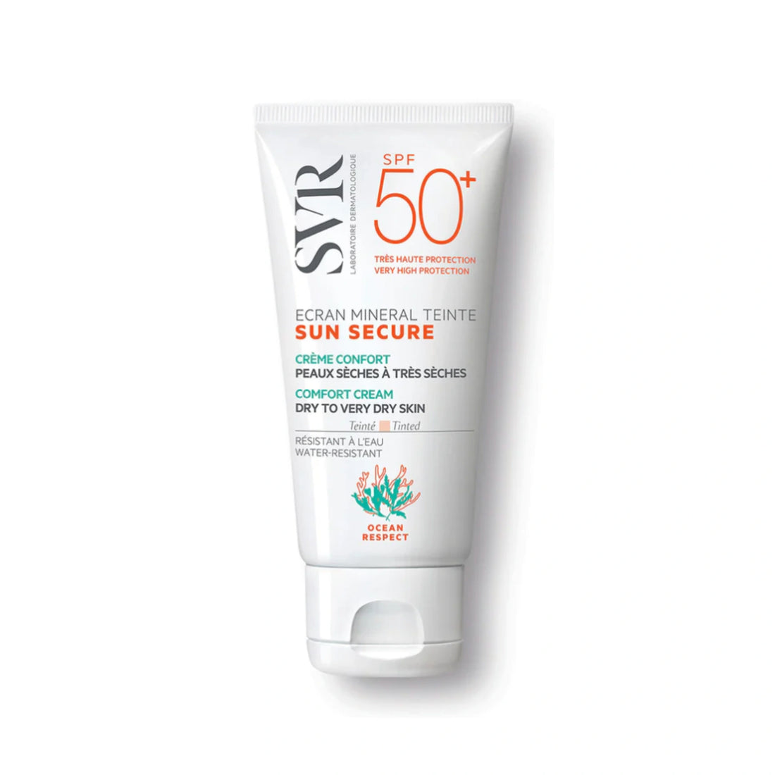 SVR SUN SECURE Mineral Tinted Sunscreen SPF50+ – Universal tint with 100% mineral UV filters for even, radiant, and protected skin.