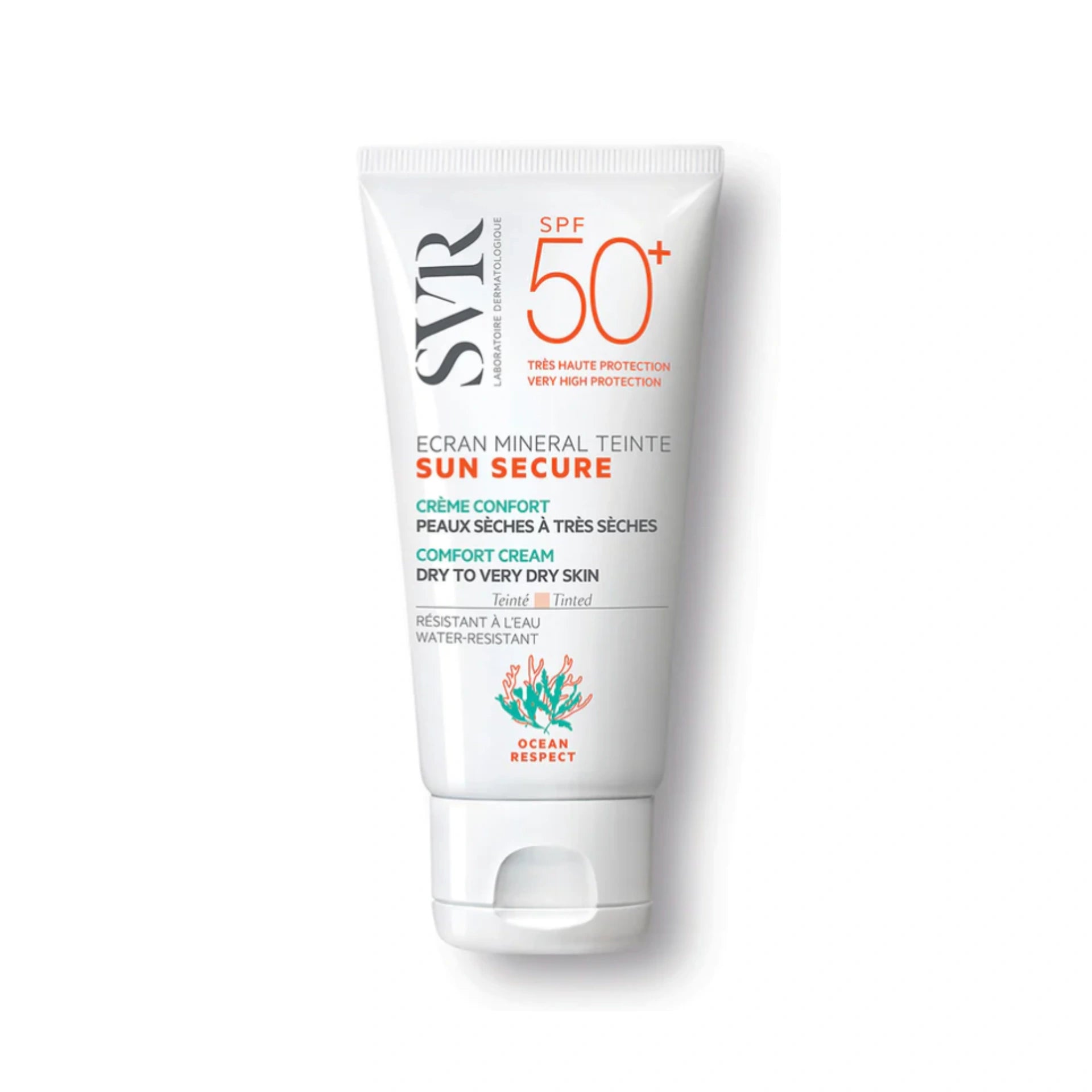 SVR SUN SECURE Mineral Tinted Sunscreen SPF50+ – Universal tint with 100% mineral UV filters for even, radiant, and protected skin.