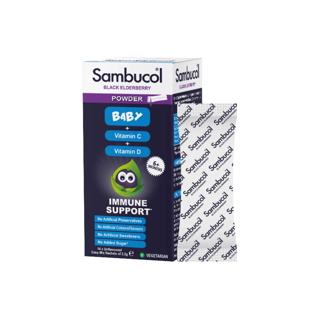 Sambucol Baby Powder Sachets for immune support in babies, with black elderberry.