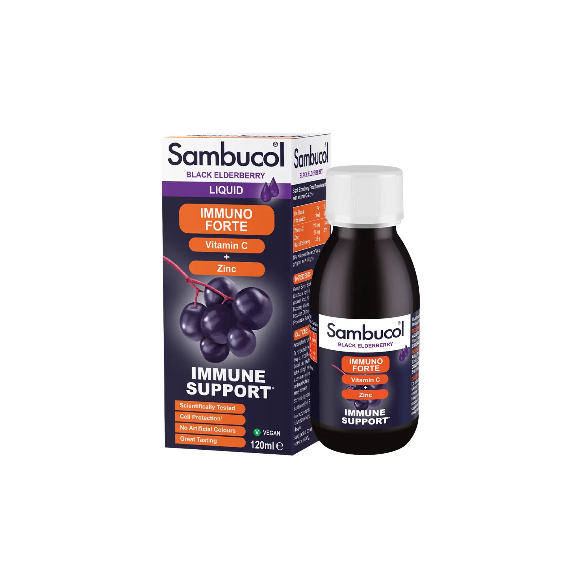 Sambucol Immuno Forte Liquid 120ml with black elderberry for immune system support.