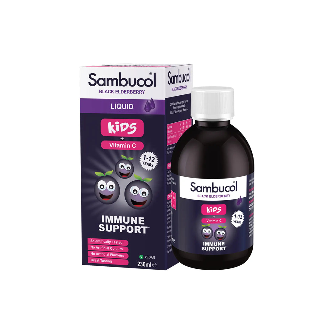 Sambucol Kids Liquid 230ml with black elderberry for immune support in children.