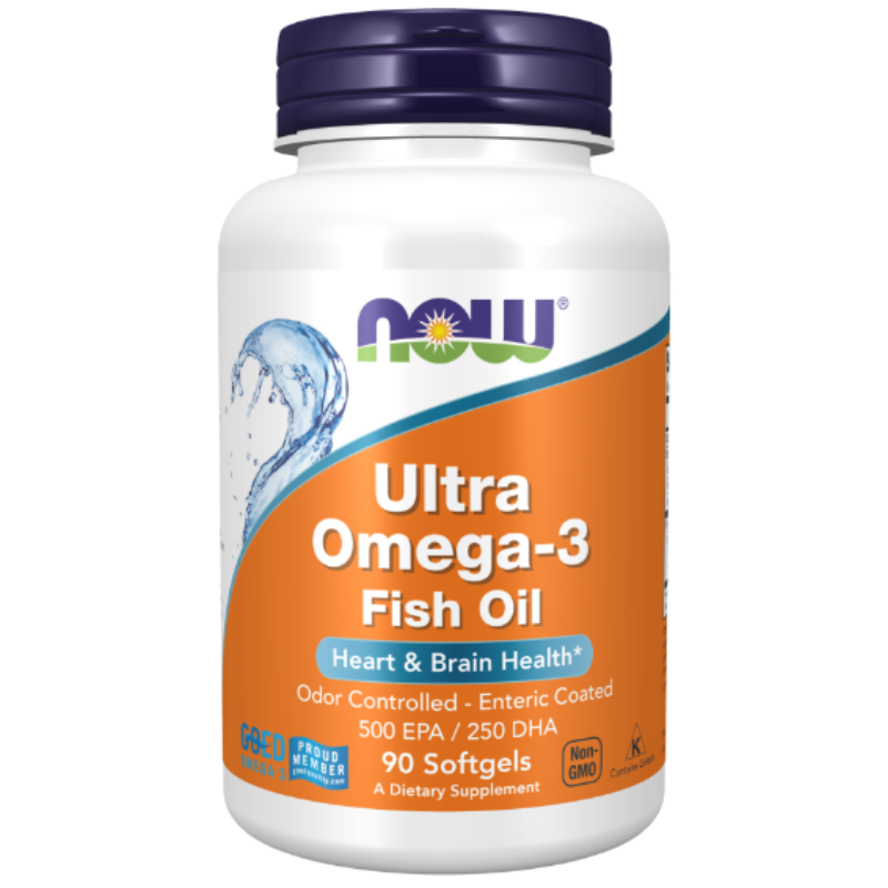 NOW Foods Ultra Omega-3 Fish Oil Bovine Gelatin Softgels - Heart and brain health support.