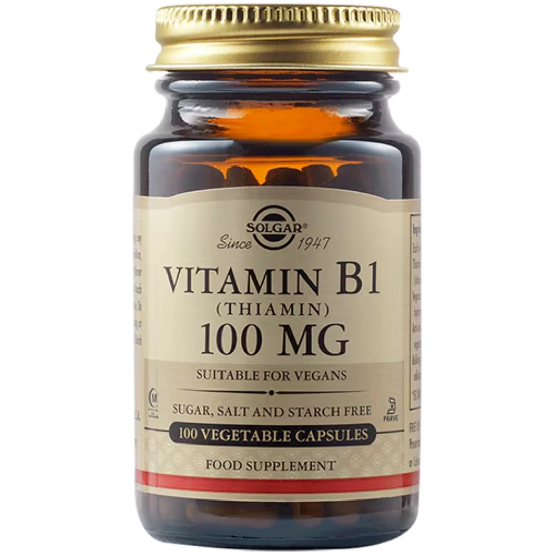 Solgar Vitamin B1 (Thiamin) 100 mg - Promotes energy metabolism and nervous system health.