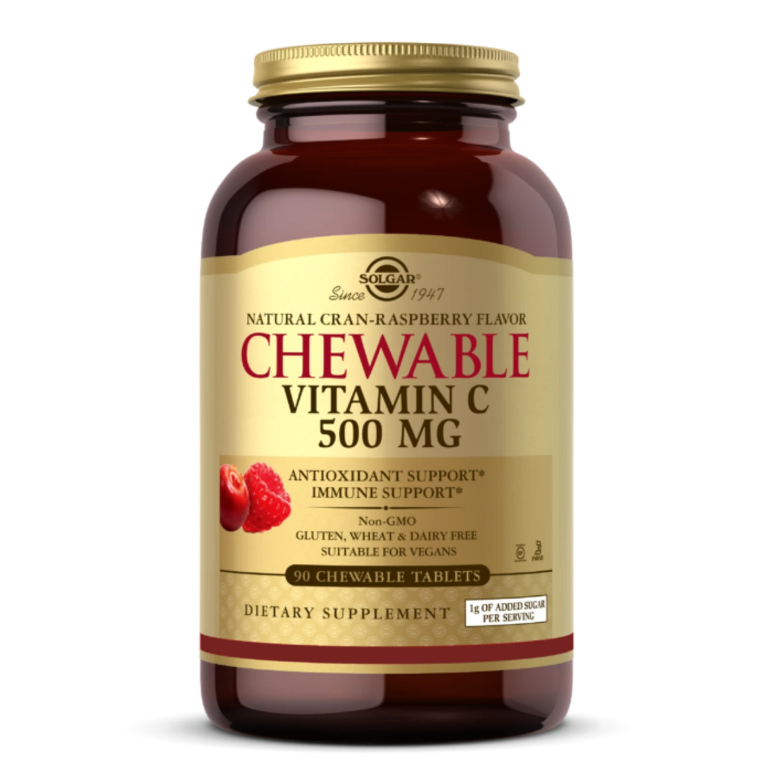 Solgar Vitamin C 500 mg Chewable Tablets - Cran-Raspberry flavor, boosts immune health.