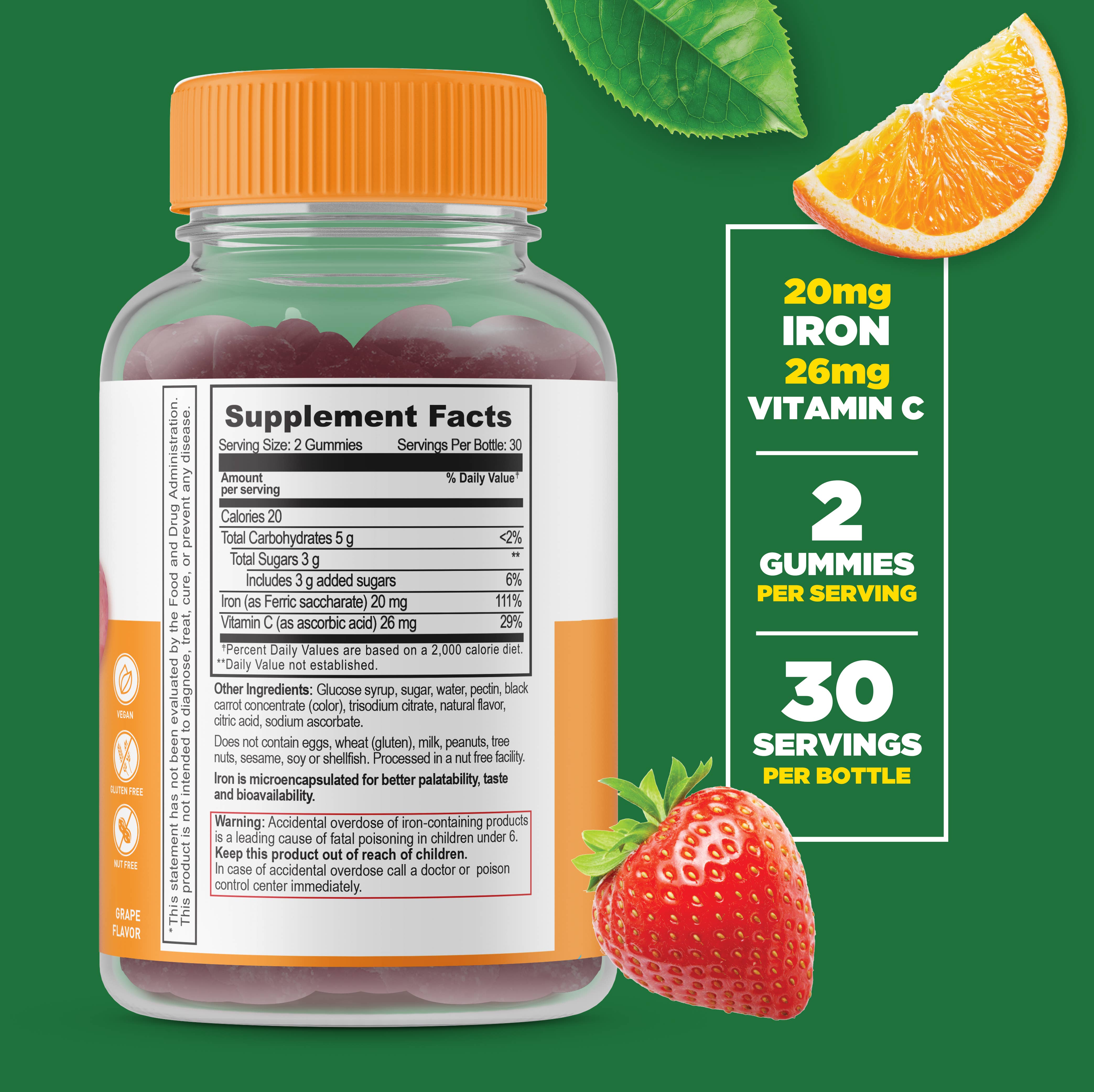 Lifeable Iron 20 mg + Vitamin C Gummies, Healthy Iron Levels: Grape Flavor / 60 Gummies