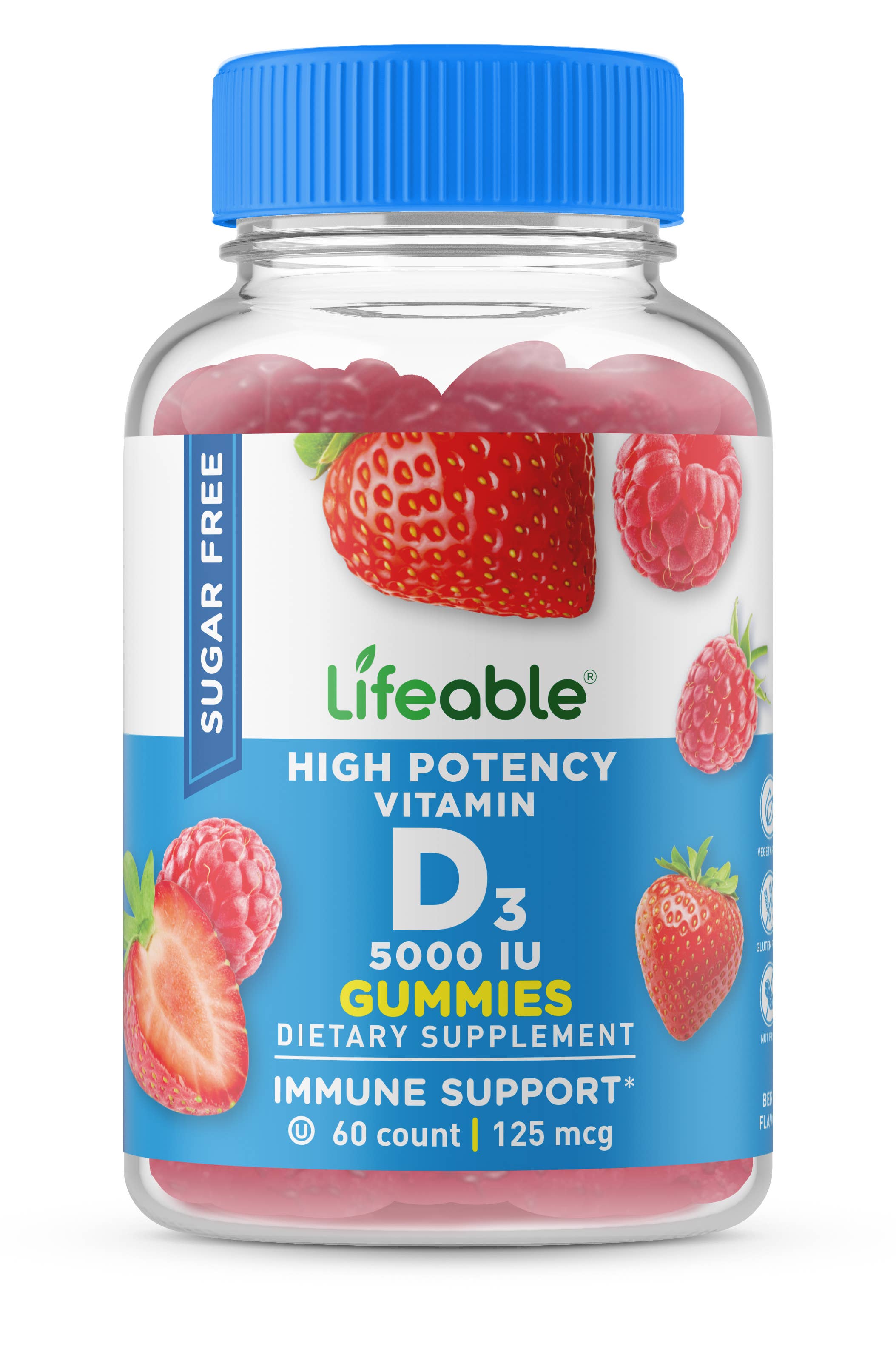 Lifeable Sugar Free Vitamin D 5,000 IU Gummies, Bone Health: Berry Flavor / 60 Gummies
