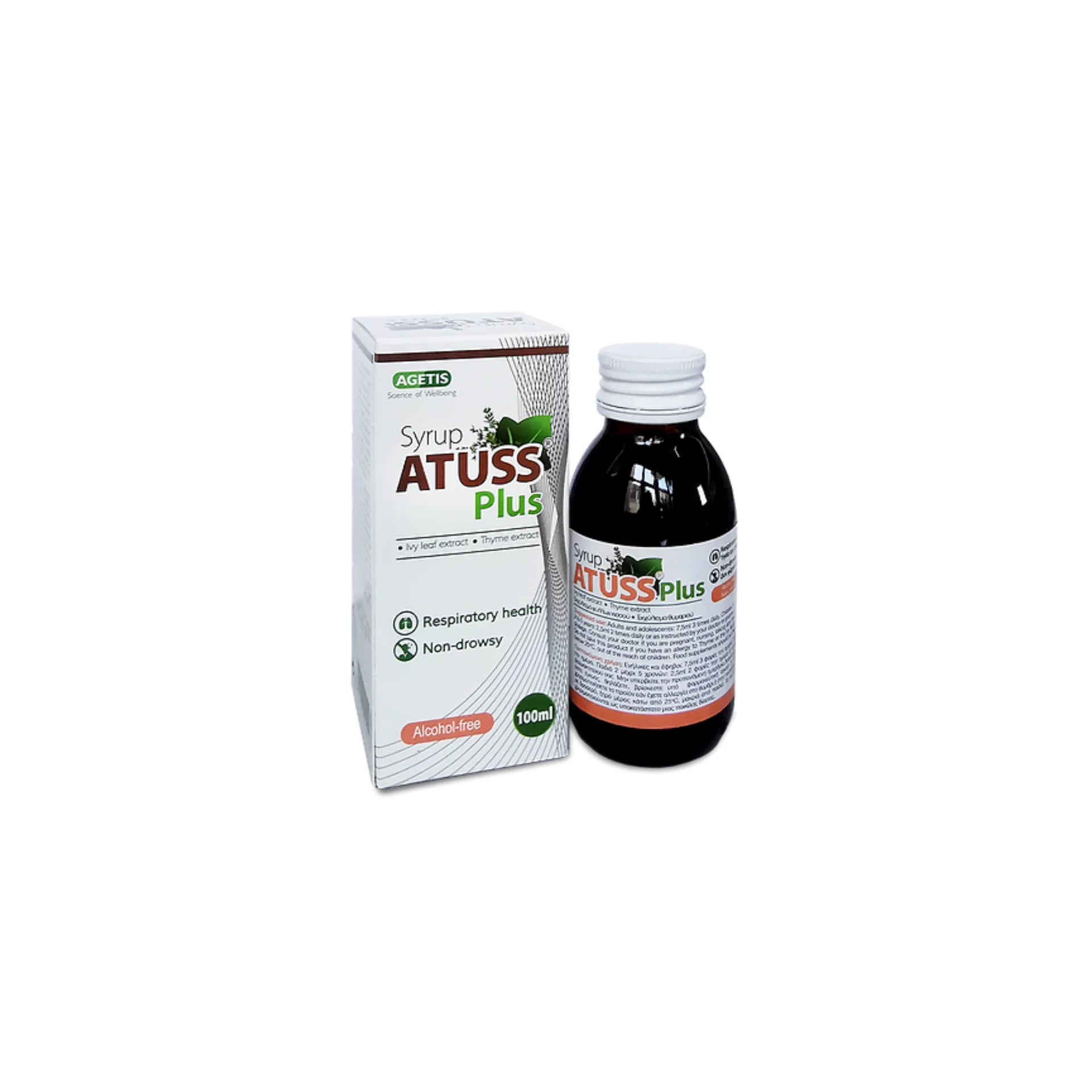 Atuss Plus Syrup is a herbal cough remedy formulated with Ivy leaf extract (Hedera helix) and Thyme extract