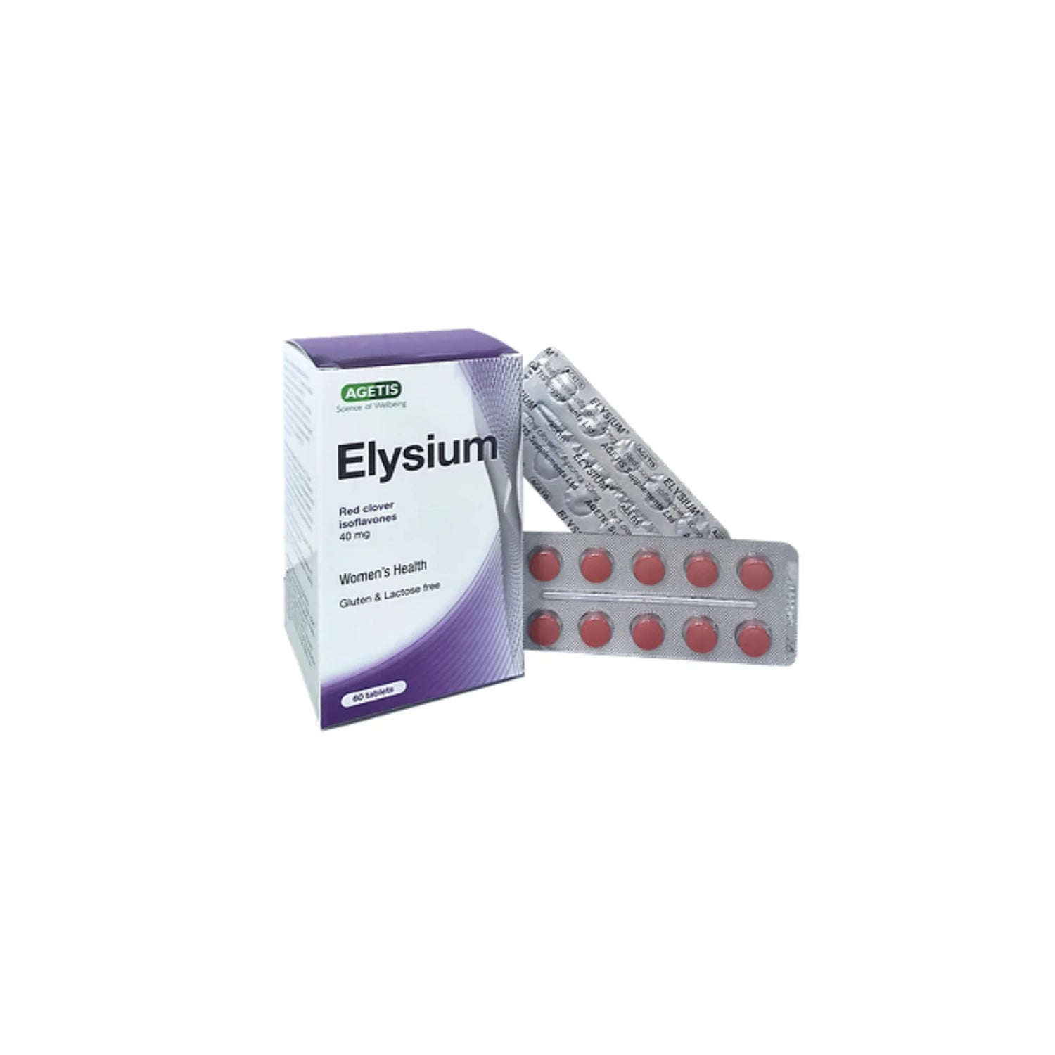 Elysium supplement bottle with Red Clover and Vitamin E.