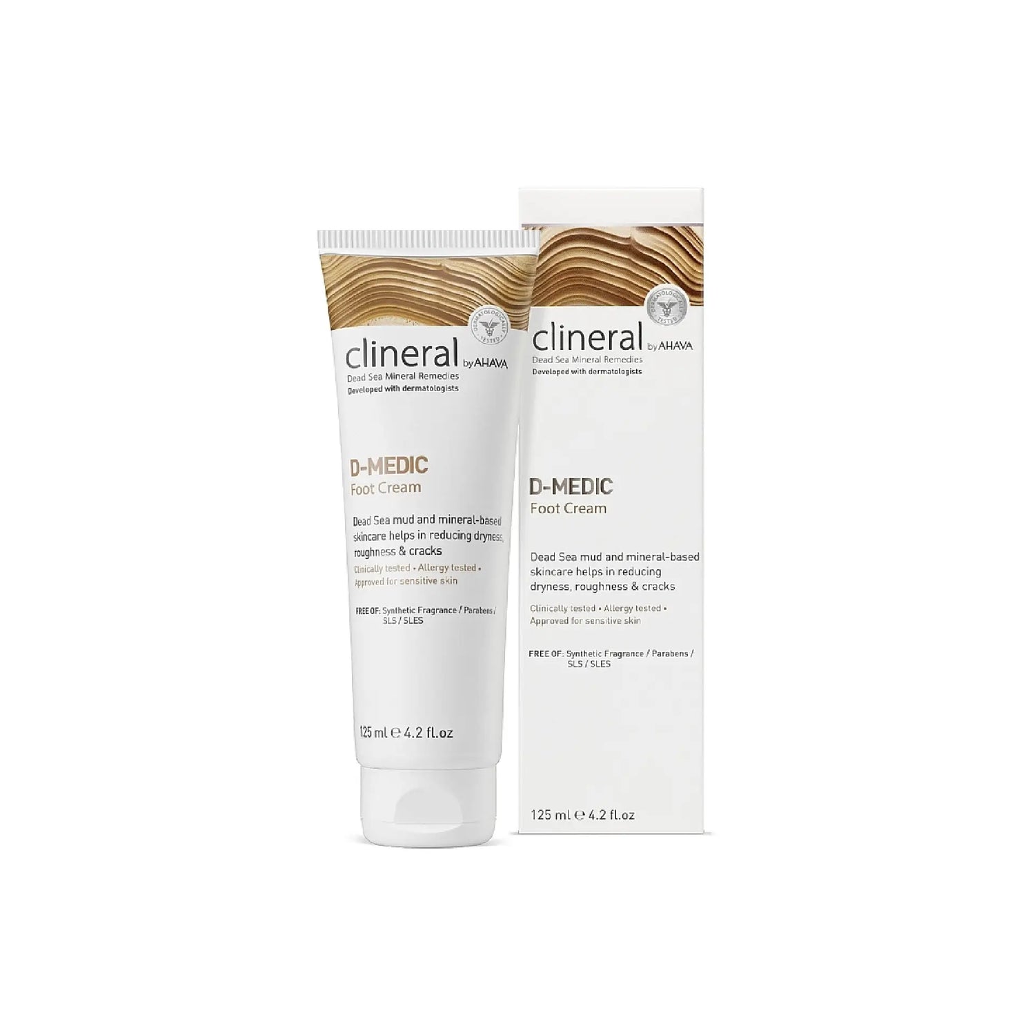 Ahava Clineral D-Medic Foot Cream for dry, cracked feet, enriched with Dead Sea minerals.
