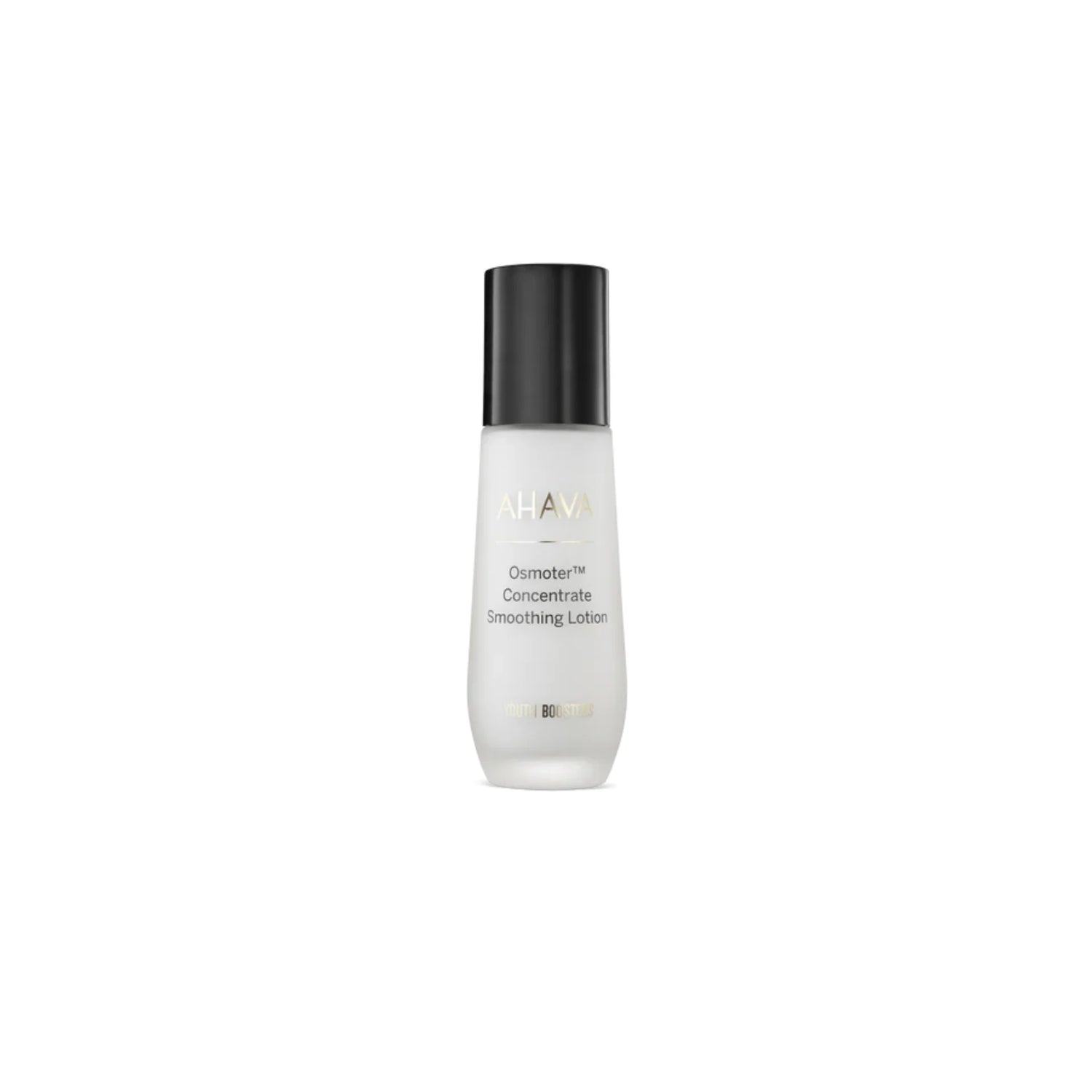 Ahava Osmoter Concentrate Smoothing Lotion in a sleek bottle, surrounded by vibrant minerals.
