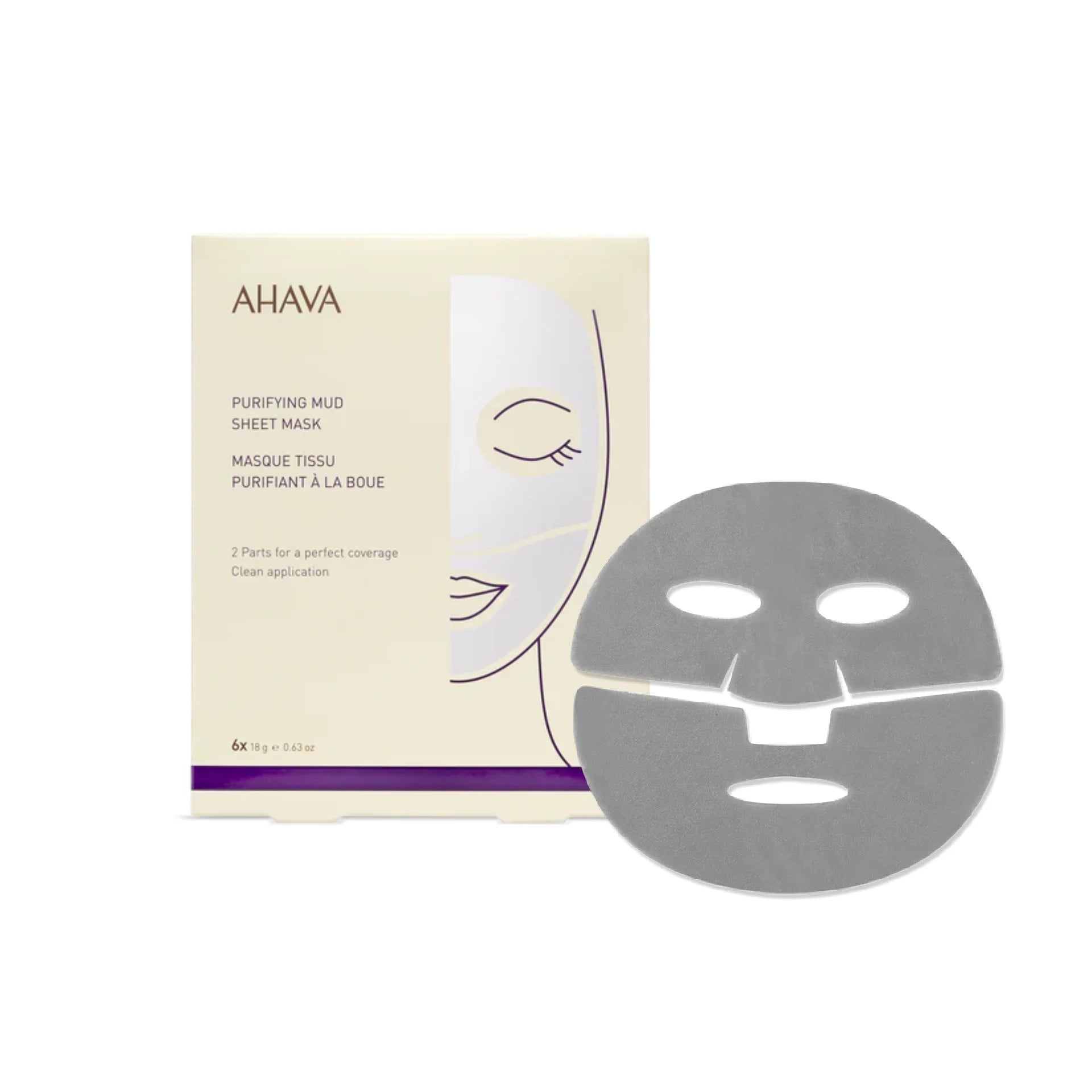 Ahava Purifying Mud Sheet Mask, single-use packaging with Dead Sea-inspired design.