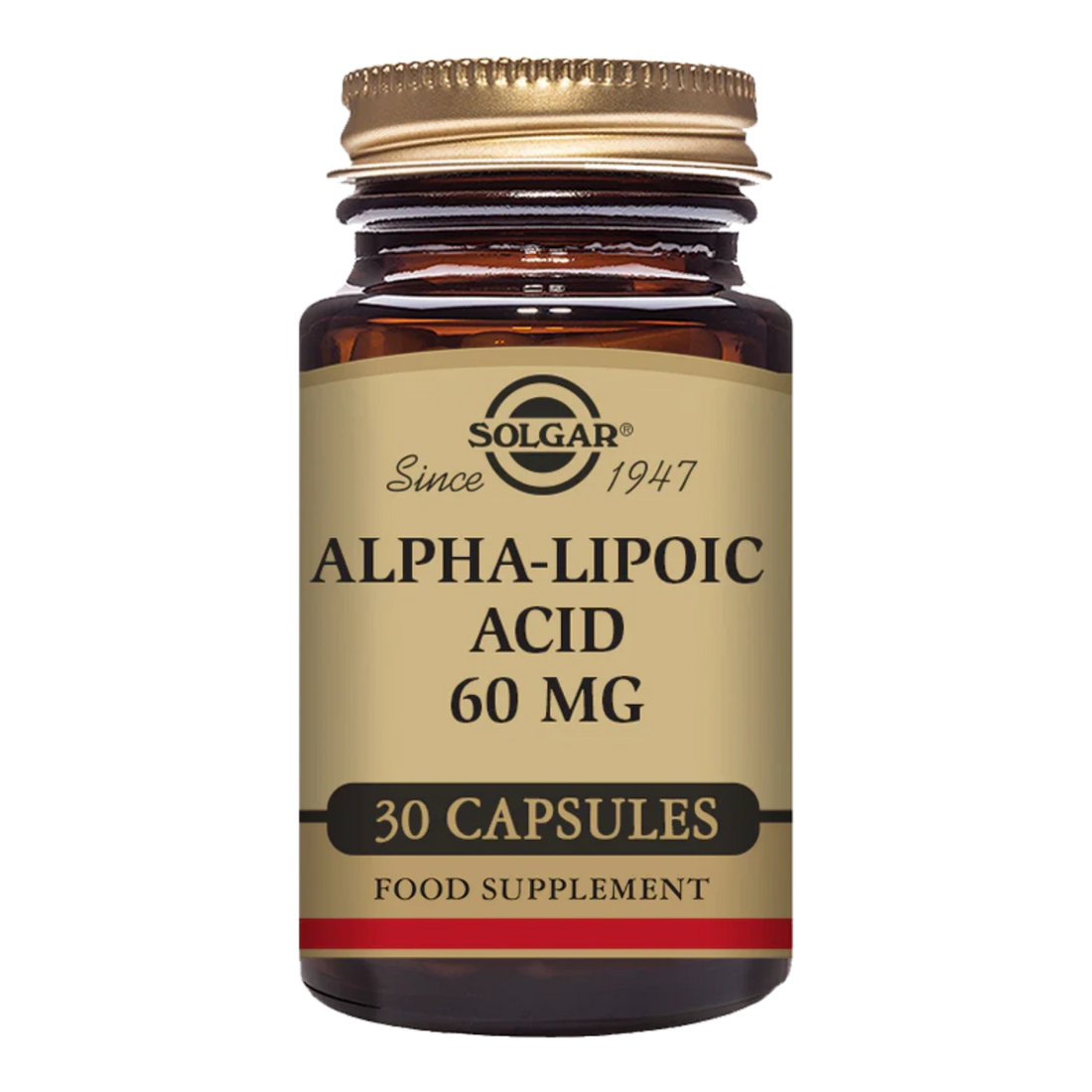 Bottle of Alpha-Lipoic Acid 60mg vegetable capsules for antioxidant support.