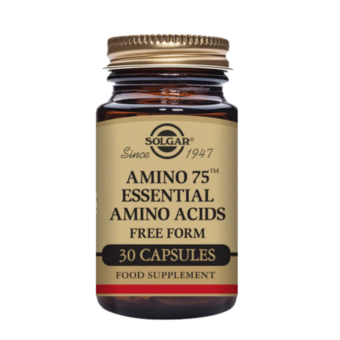 Bottle of Amino 75 Essential Amino Acids vegan capsules.